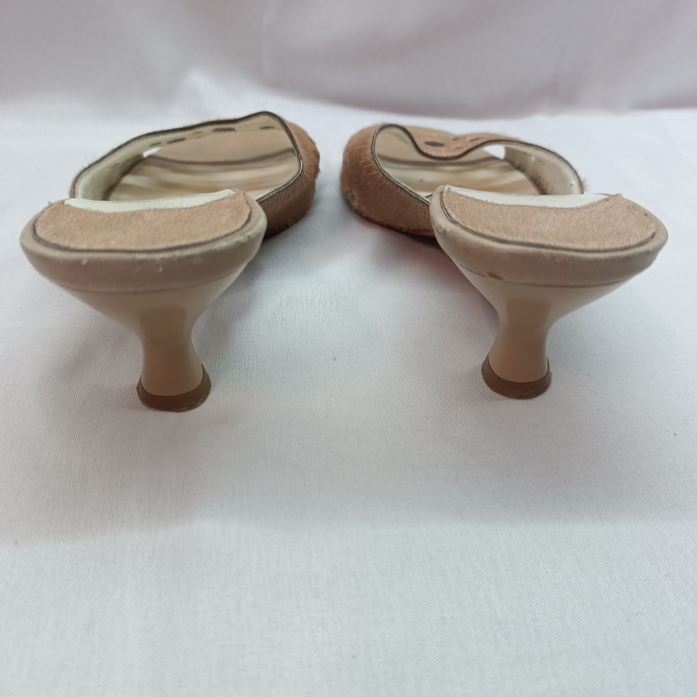 Salvatore Ferragamo Calf Hair Laser Cut Out Mules Kitten Heel Tan 5.5B Designer - Picture 7 of 10